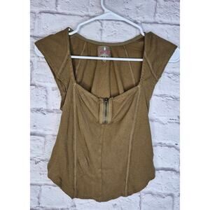 FP Movement Free People Ribbed Corset Top Brown Tan Short Sleeve Zip Medium S